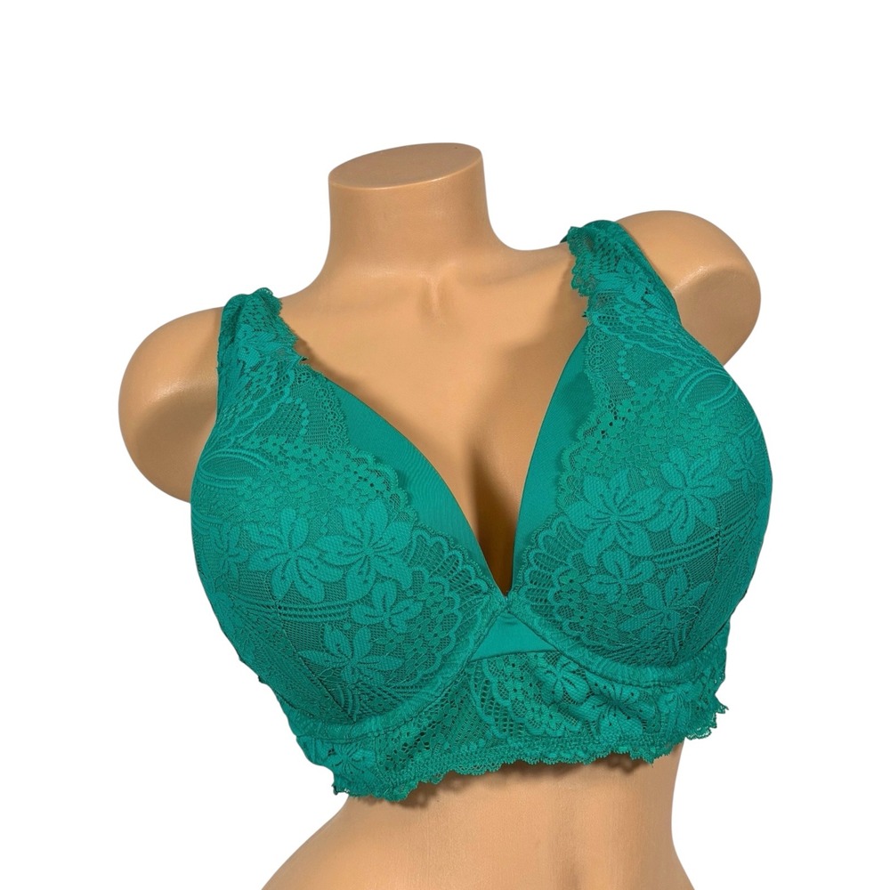 Cacique Boost Plunge Bra 44DDD Emerald Green Floral Lace Underwire Padded Posh